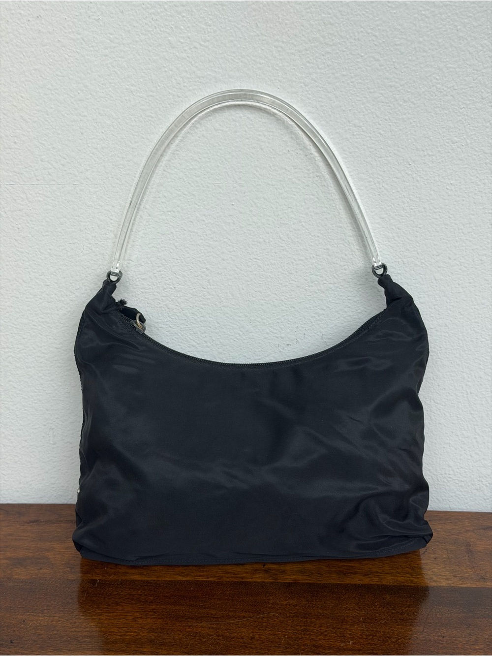 PRADA Black Nylon Shoulder Bag with Clear Resin Handle